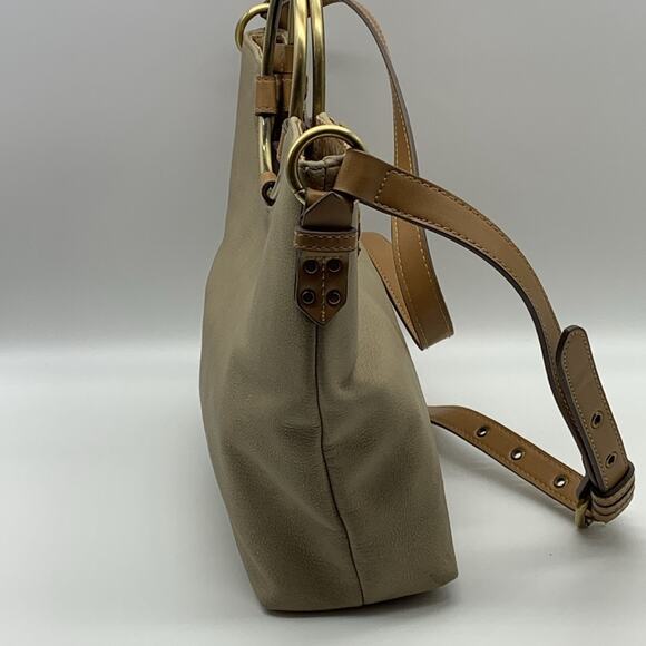 Elle & Jae Gypset Floral Detail Crossbody Purse Bag Brass Ring Handle Tan Beige - Picture 7 of 16